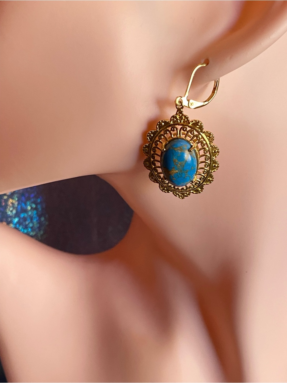 Gold Filigree Earrings with Turquoise Blue Stone